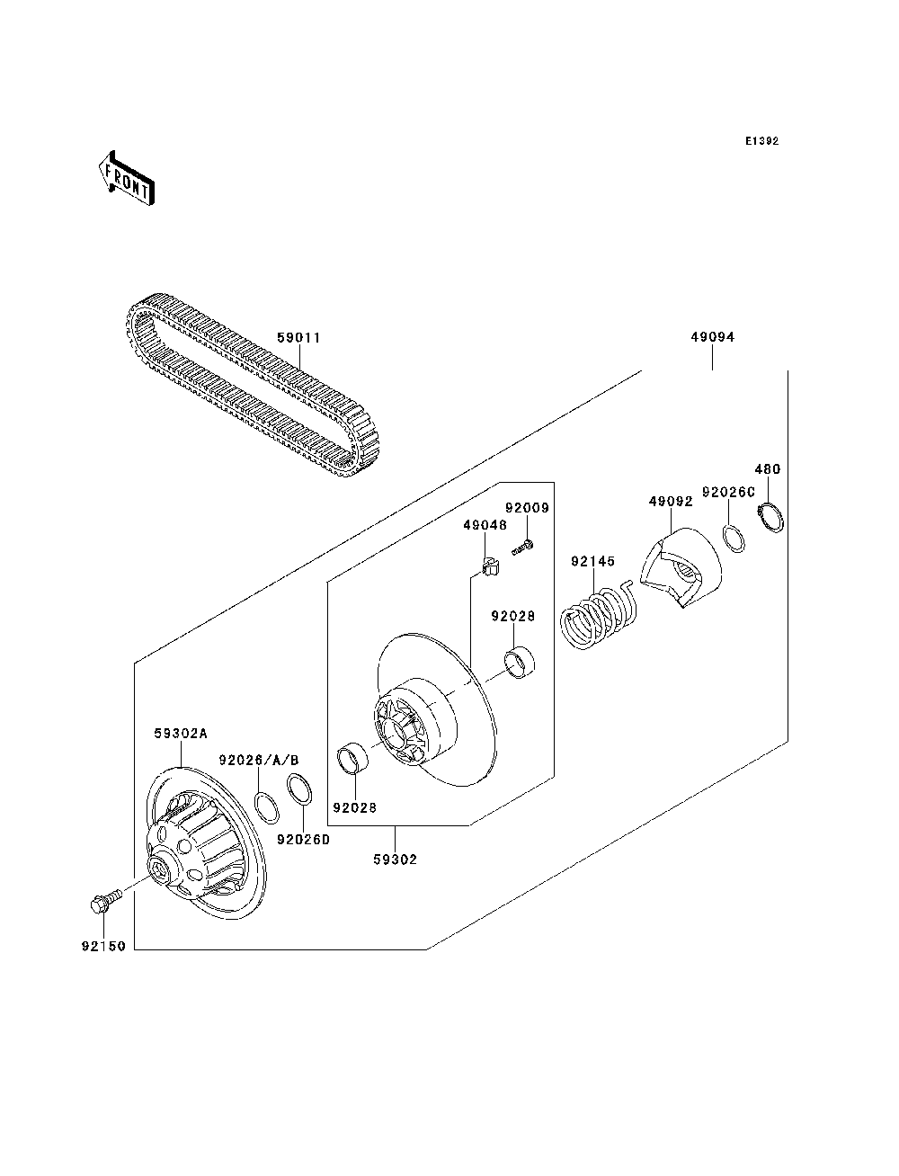 Driven Converter/Drive Belt Diagram and Parts List for KAF620MDF 2013 Kawasaki Lawn Tractor Accessories