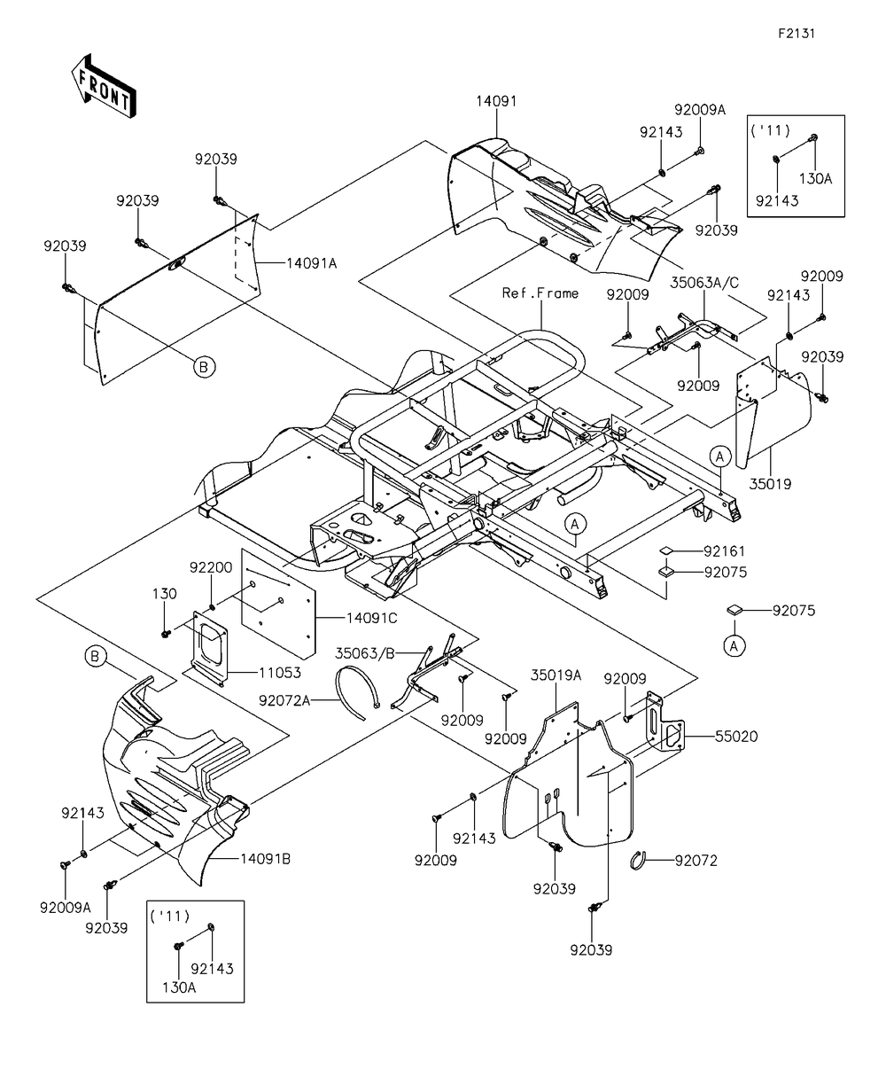 Frame Fittings-Rear Diagram and Parts List for KAF400EDF 2013 Kawasaki Lawn Tractor Accessories