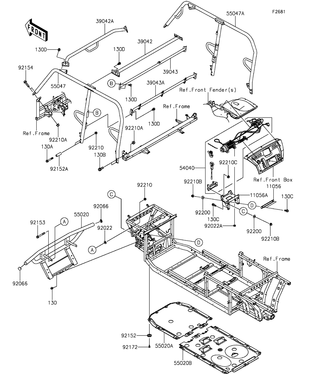 Guards/Cab Frame Diagram and Parts List for KAF820JGF 2016 Kawasaki Lawn Tractor Accessories