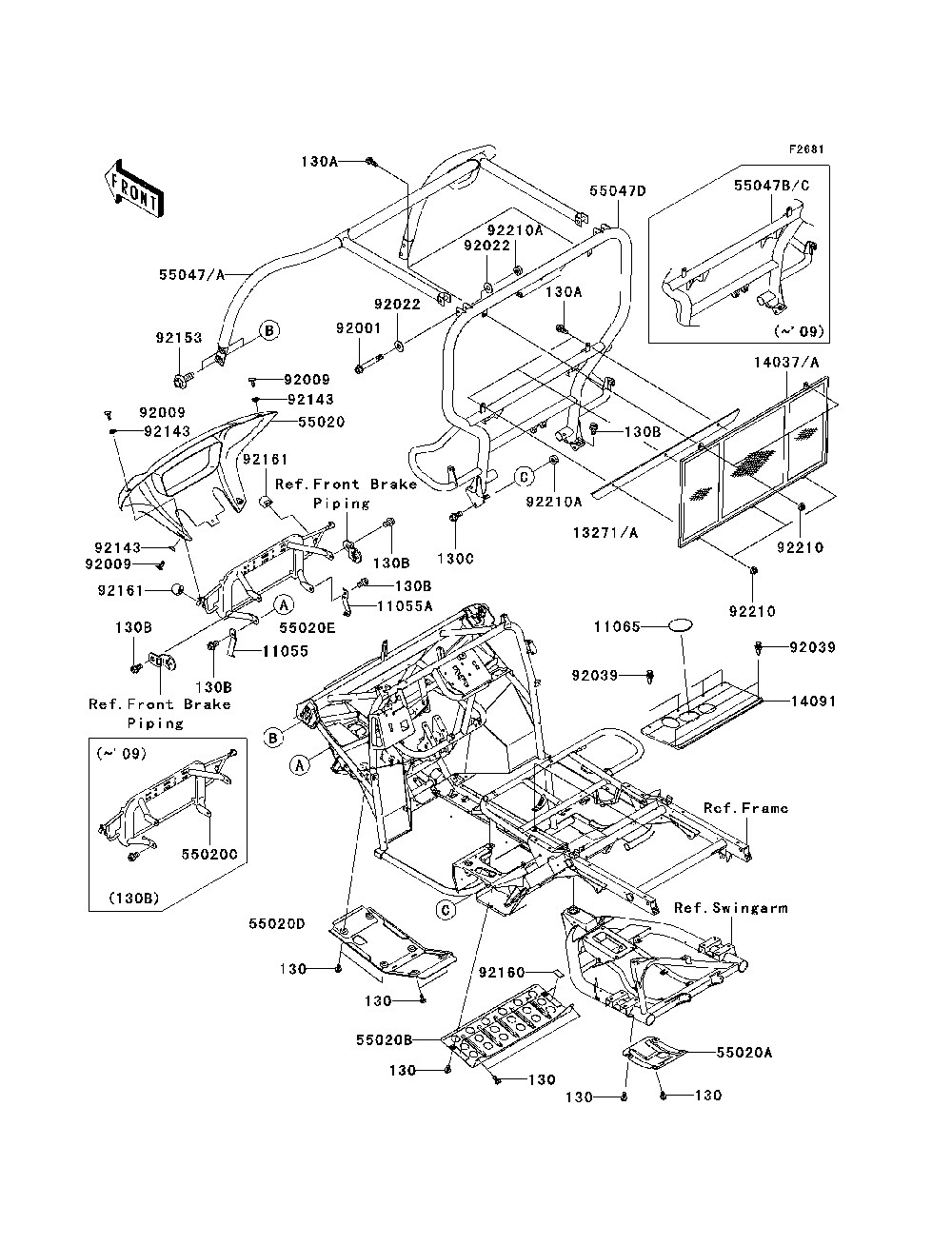 Guards/Cab Frame Diagram and Parts List for KAF400C7F 2007 & Prior Kawasaki Lawn Tractor Accessories
