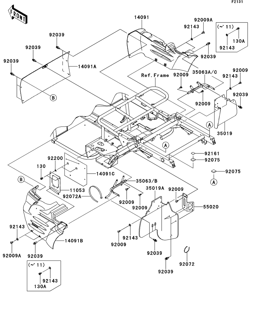 Frame Fittings-Rear Diagram and Parts List for KAF400DEF 2014 Kawasaki Lawn Tractor Accessories