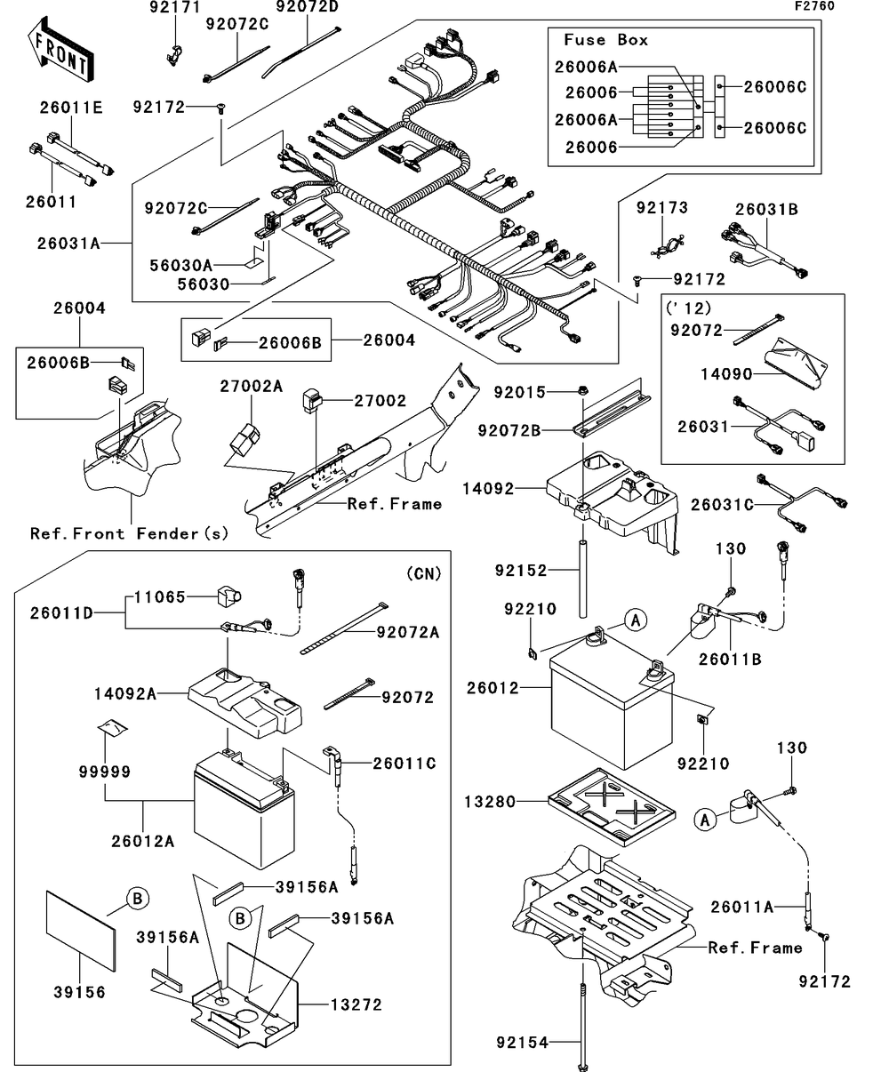 Chassis Electrical Equipment Diagram and Parts List for KRT750BCF 2012 Kawasaki Lawn Tractor Accessories
