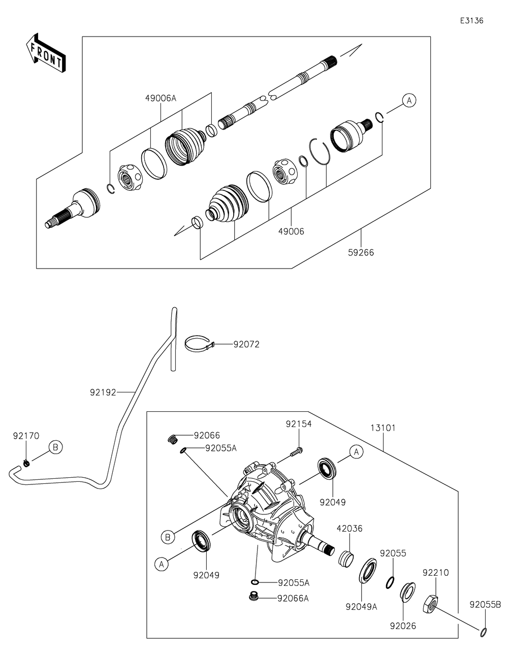 Drive Shaft-Front Diagram and Parts List for KAF1000BHF 2017 Kawasaki Lawn Tractor Accessories