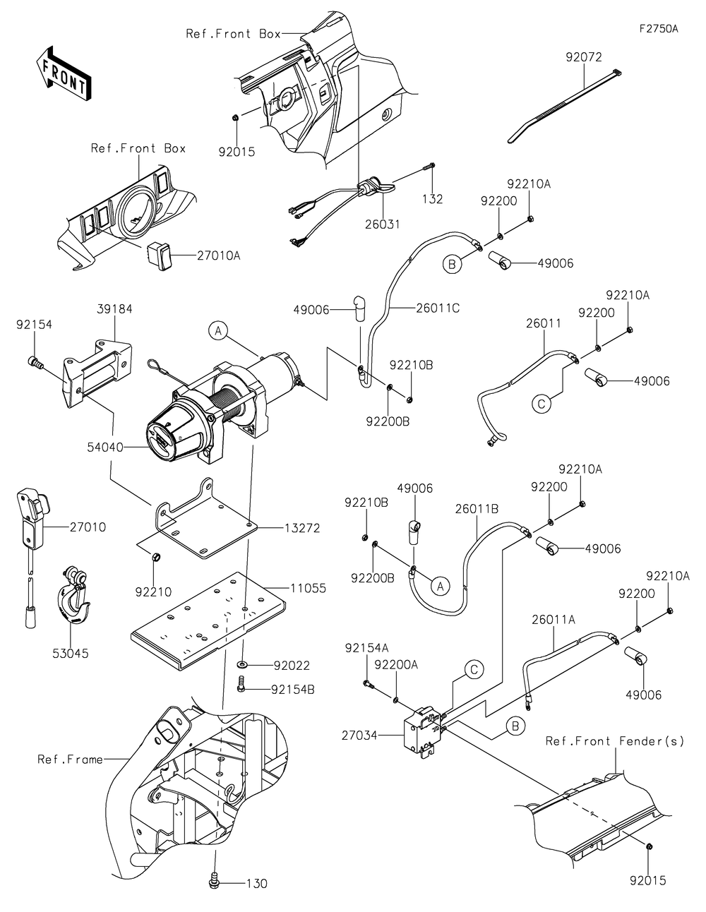 Winch Diagram and Parts List for KRT800LPFNN 2023 Kawasaki Lawn Tractor Accessories