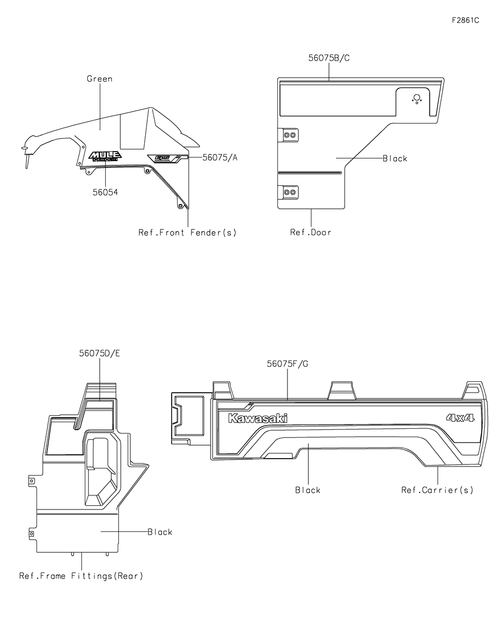 Decals(Green)(Fkf/Flf) Diagram and Parts List for KAF820FLF 2020 Kawasaki Lawn Tractor Accessories