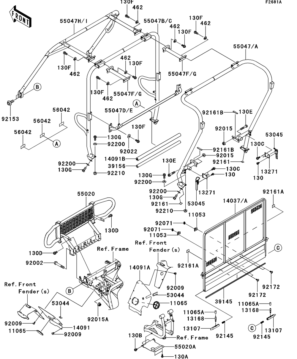Guards/Cab Frame Diagram and Parts List for KAF620RDFA 2013 Kawasaki Lawn Tractor Accessories