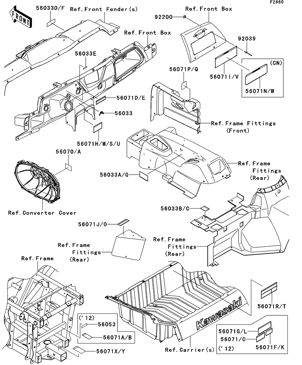 Labels Diagram and Parts List for KRT750DCF 2012 Kawasaki Lawn Tractor Accessories