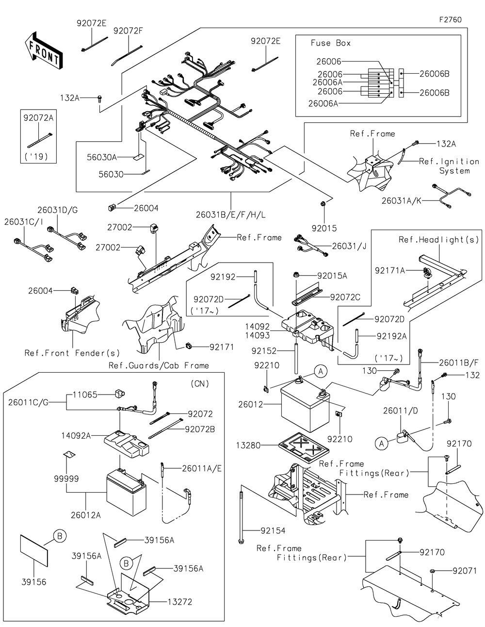 Chassis Electrical Equipment Diagram and Parts List for KRF800HLF 2020 Kawasaki Lawn Tractor Accessories