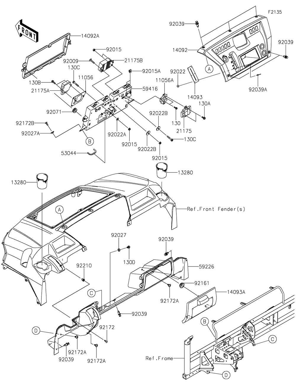 Front Box Diagram and Parts List for KAF1000BMFNN 2021 Kawasaki Lawn Tractor Accessories