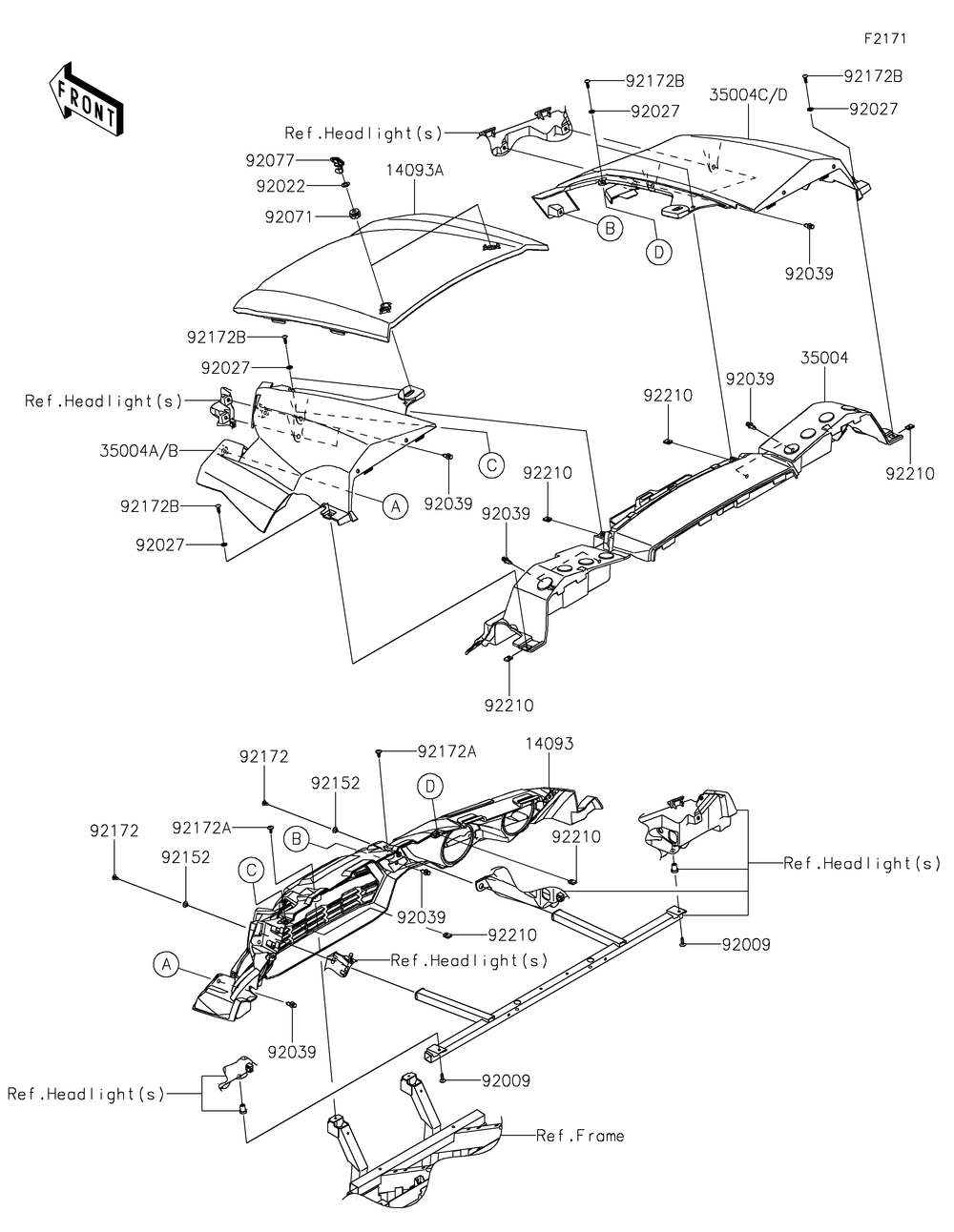 Front Fender Diagram and Parts List for KRF800JMFNN 2021 Kawasaki Lawn Tractor Accessories