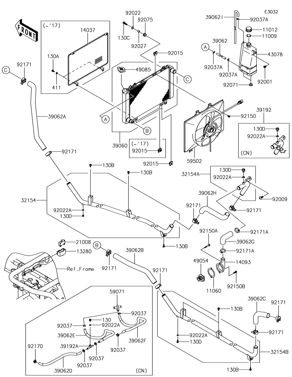 Radiator Diagram and Parts List for KAF620RHF 2017 Kawasaki Lawn Tractor Accessories