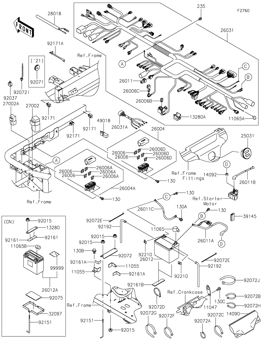 Chassis Electrical Equipment Diagram and Parts List for KAF620MNFNN 2022 Kawasaki Lawn Tractor Accessories