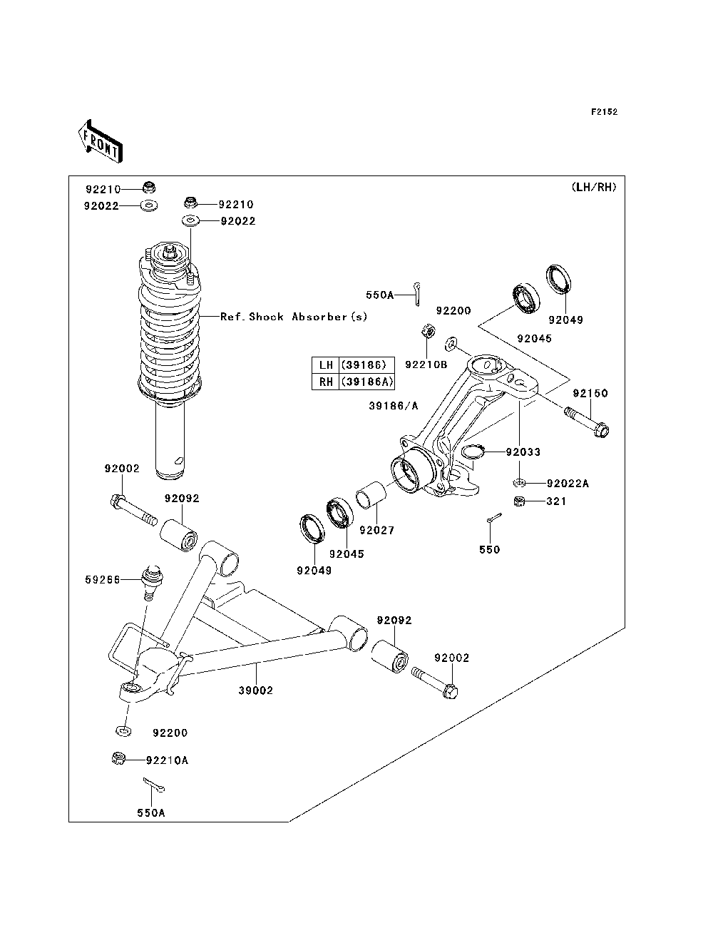 Front Suspension Diagram and Parts List for KAF620MDF 2013 Kawasaki Lawn Tractor Accessories