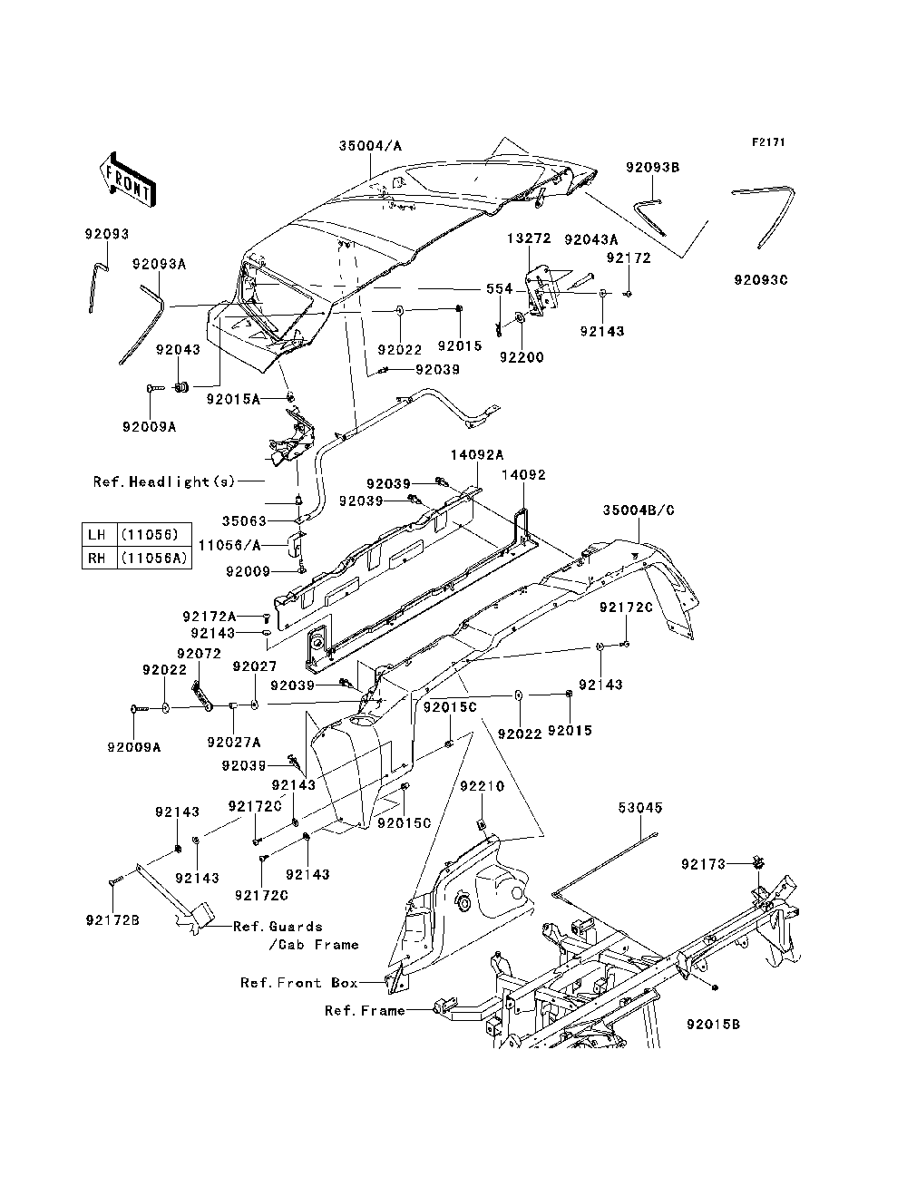 Front Fender Diagram and Parts List for KRF750SCSA 2012 Kawasaki Lawn Tractor Accessories