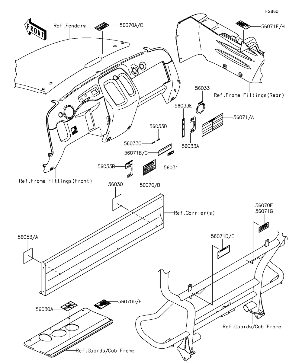 Labels Diagram and Parts List for KAF400AGF 2016 Kawasaki Lawn Tractor Accessories