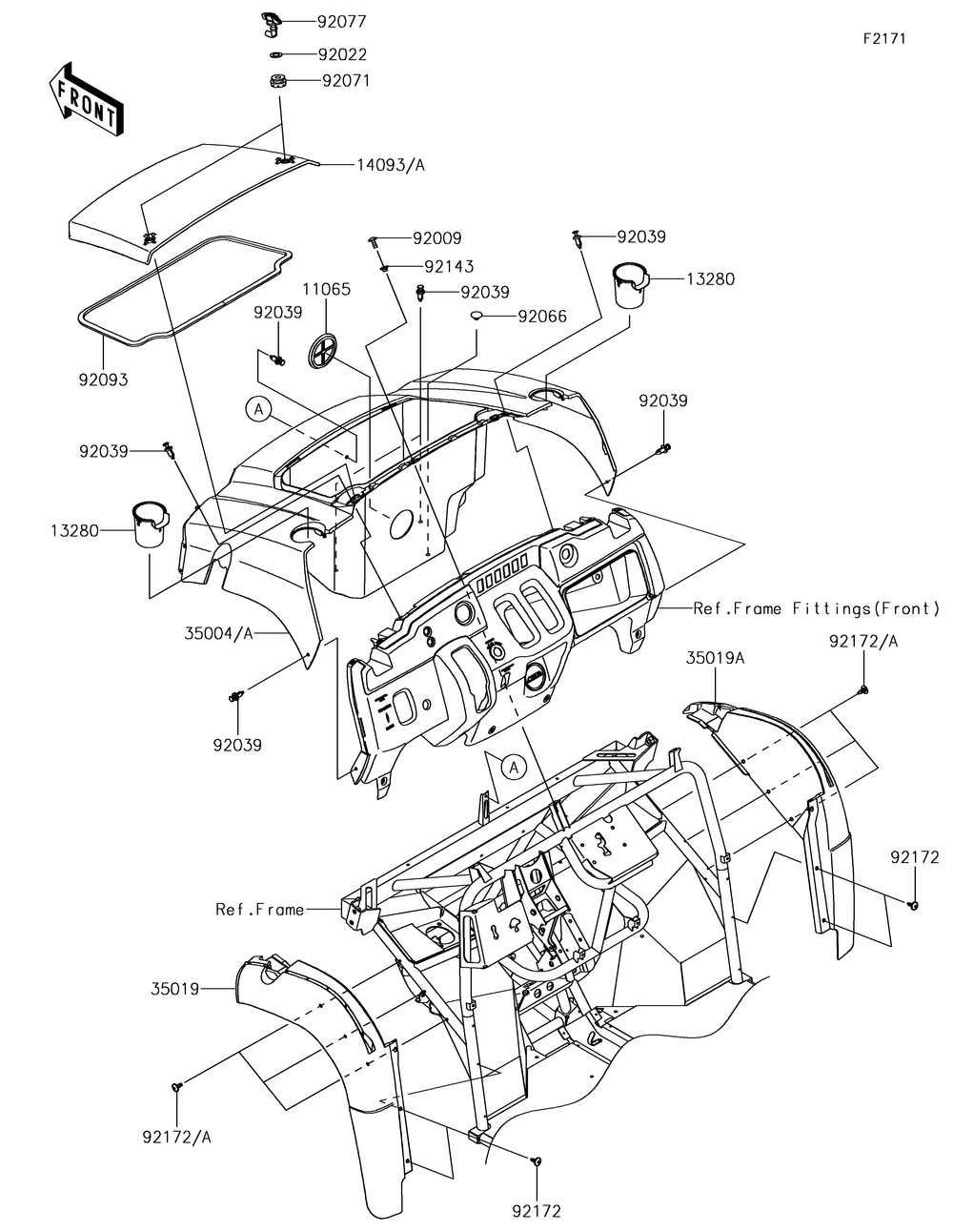 Front Fender Diagram and Parts List for KAF400JKF 2019 Kawasaki Lawn Tractor Accessories