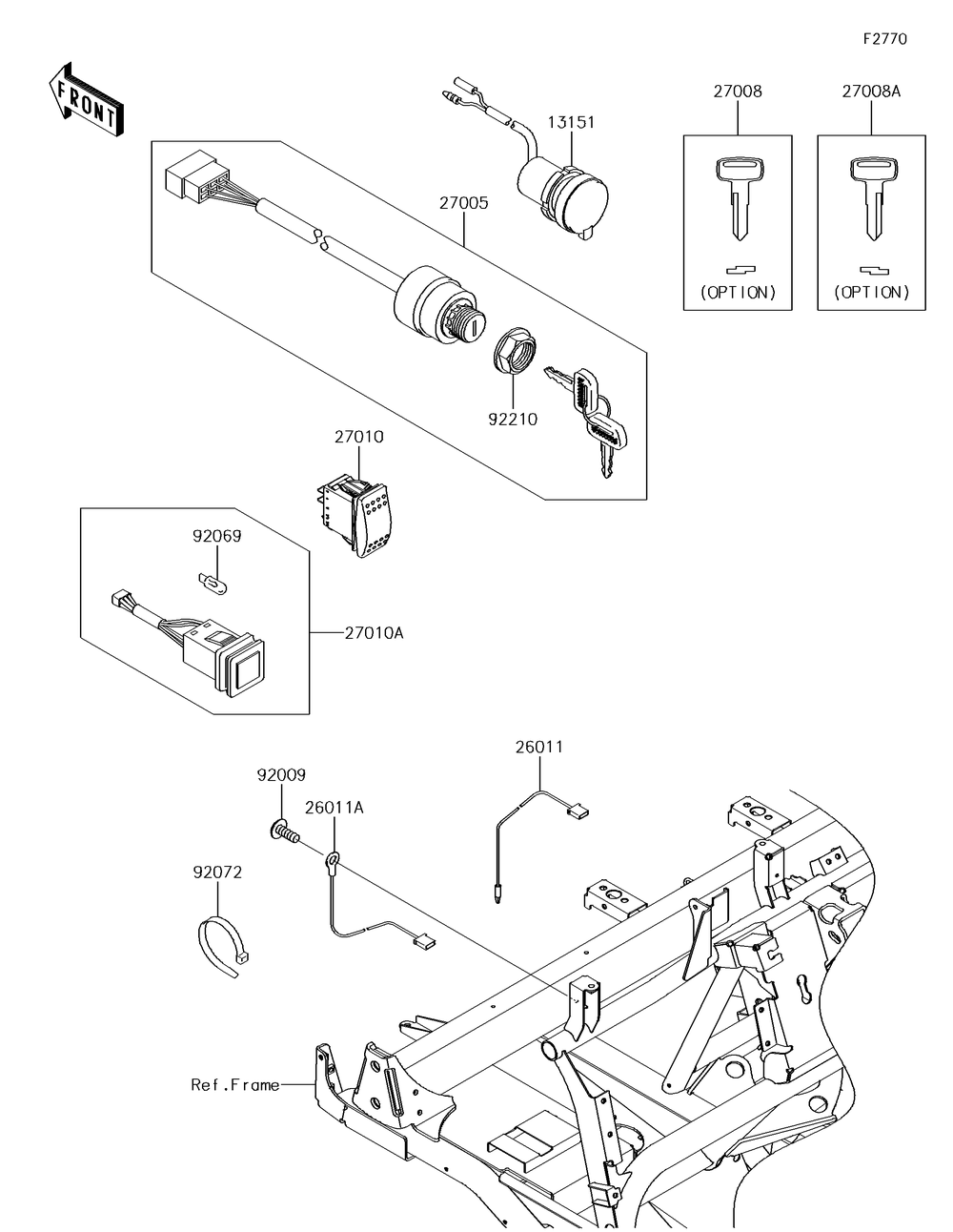 Ignition Switch Diagram and Parts List for KAF620MHF 2017 Kawasaki Lawn Tractor Accessories