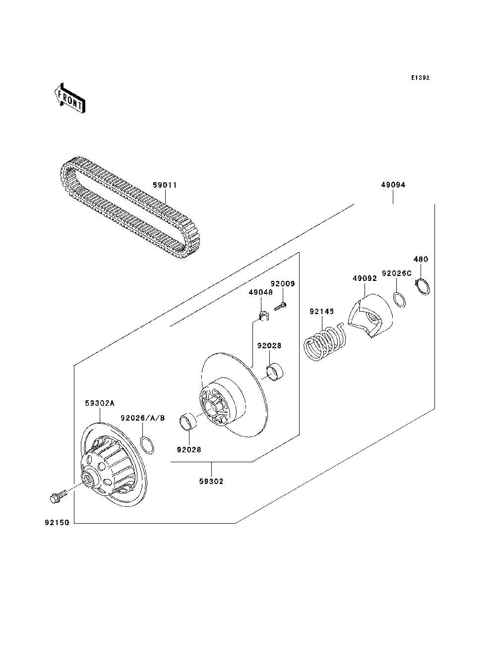 Driven Converter/Drive Belt Diagram and Parts List for KAF620G7F 2007 & Prior Kawasaki Lawn Tractor Accessories