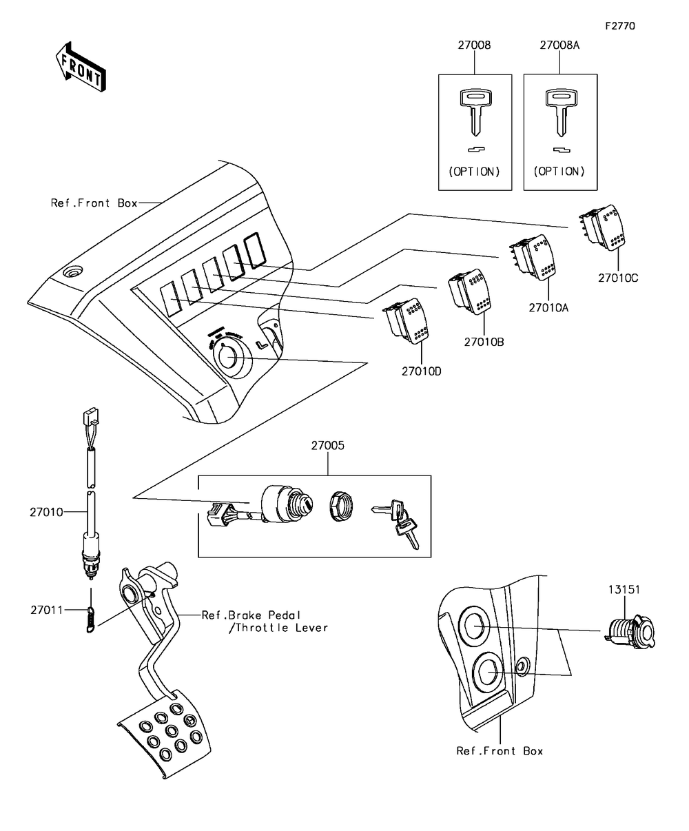 Ignition Switch Diagram and Parts List for KAF1000FGF 2016 Kawasaki Lawn Tractor Accessories