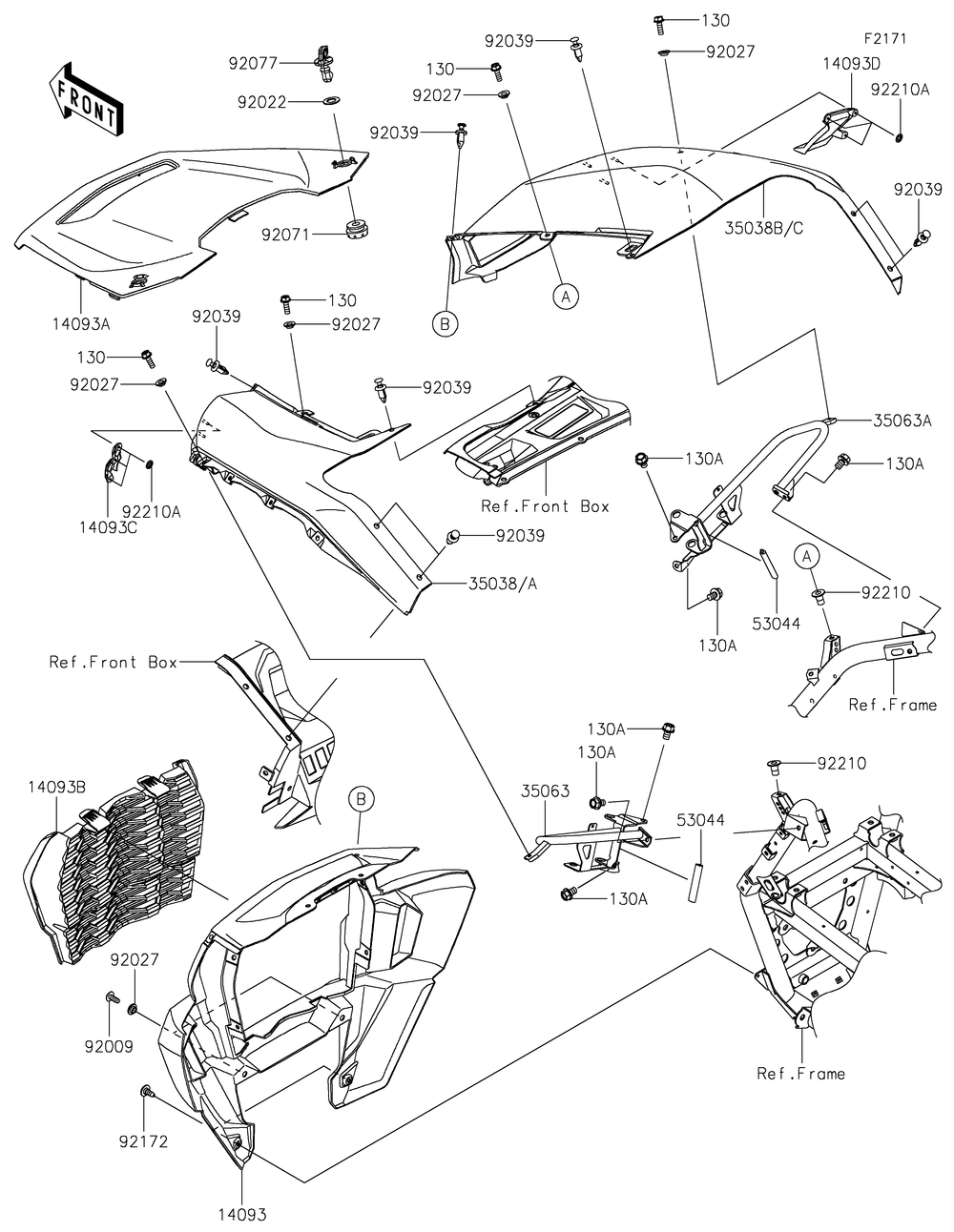Front Fender Diagram and Parts List for KRF1000ALF 2020 Kawasaki Lawn Tractor Accessories