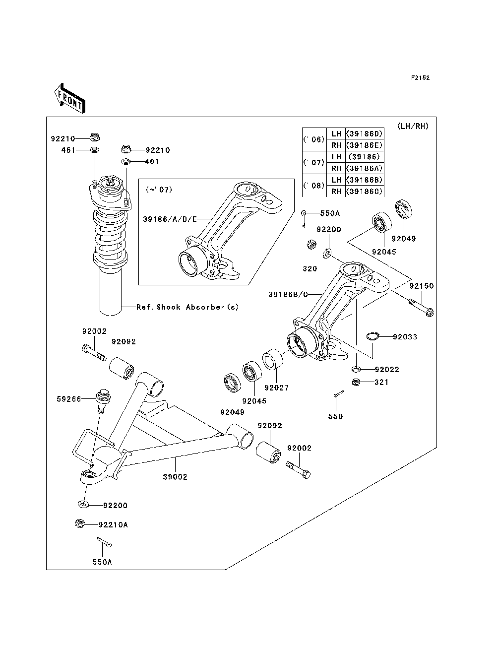 Front Suspension Diagram and Parts List for KAF620H7F 2007 & Prior Kawasaki Lawn Tractor Accessories
