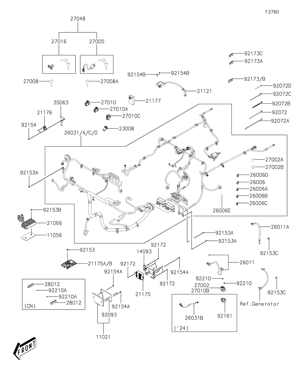 Chassis Electrical Equipment Diagram and Parts List for KAF700DNFNN 2022 Kawasaki Lawn Tractor Accessories