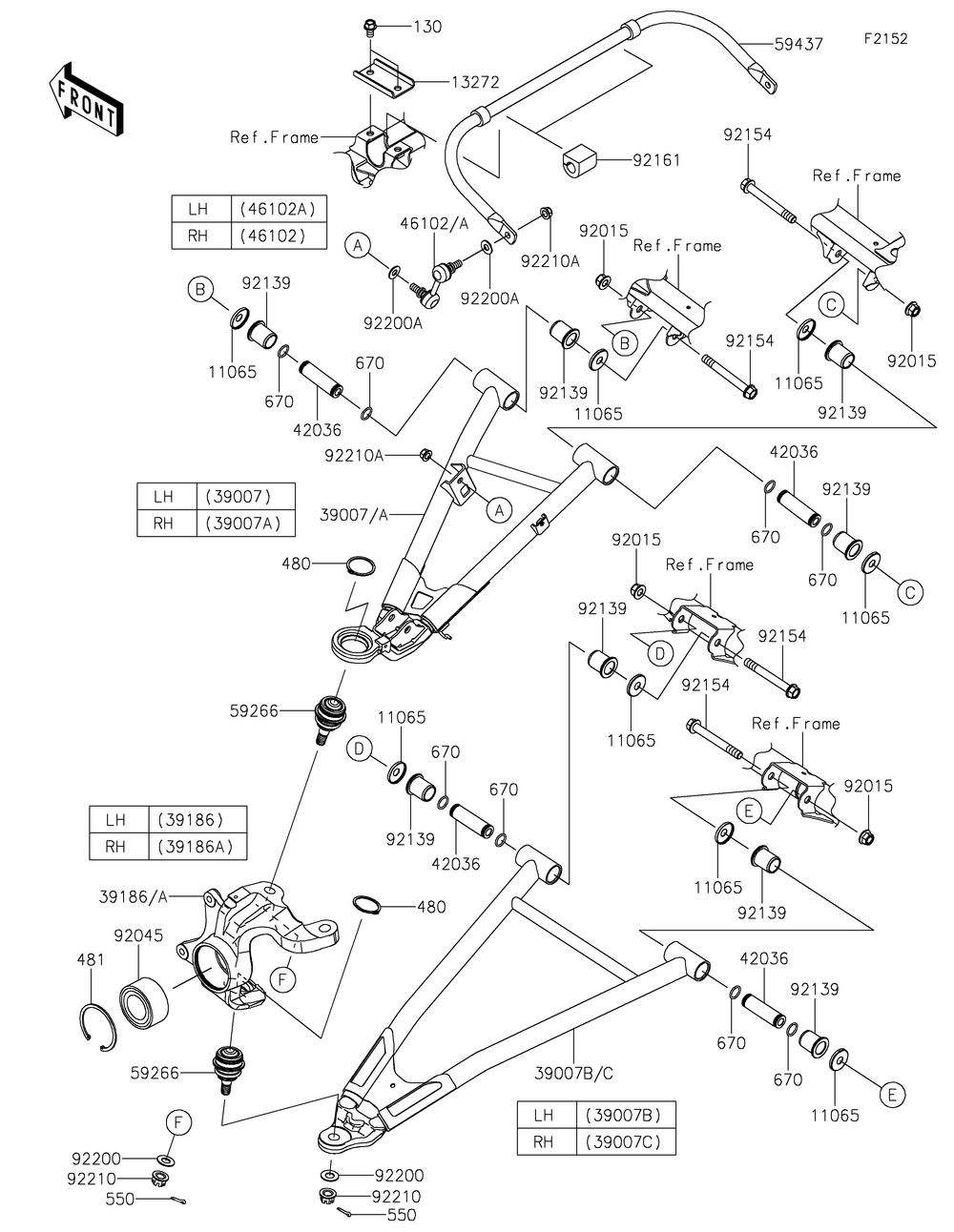 Front Suspension Diagram and Parts List for KRF1000CMFNN 2021 Kawasaki Lawn Tractor Accessories