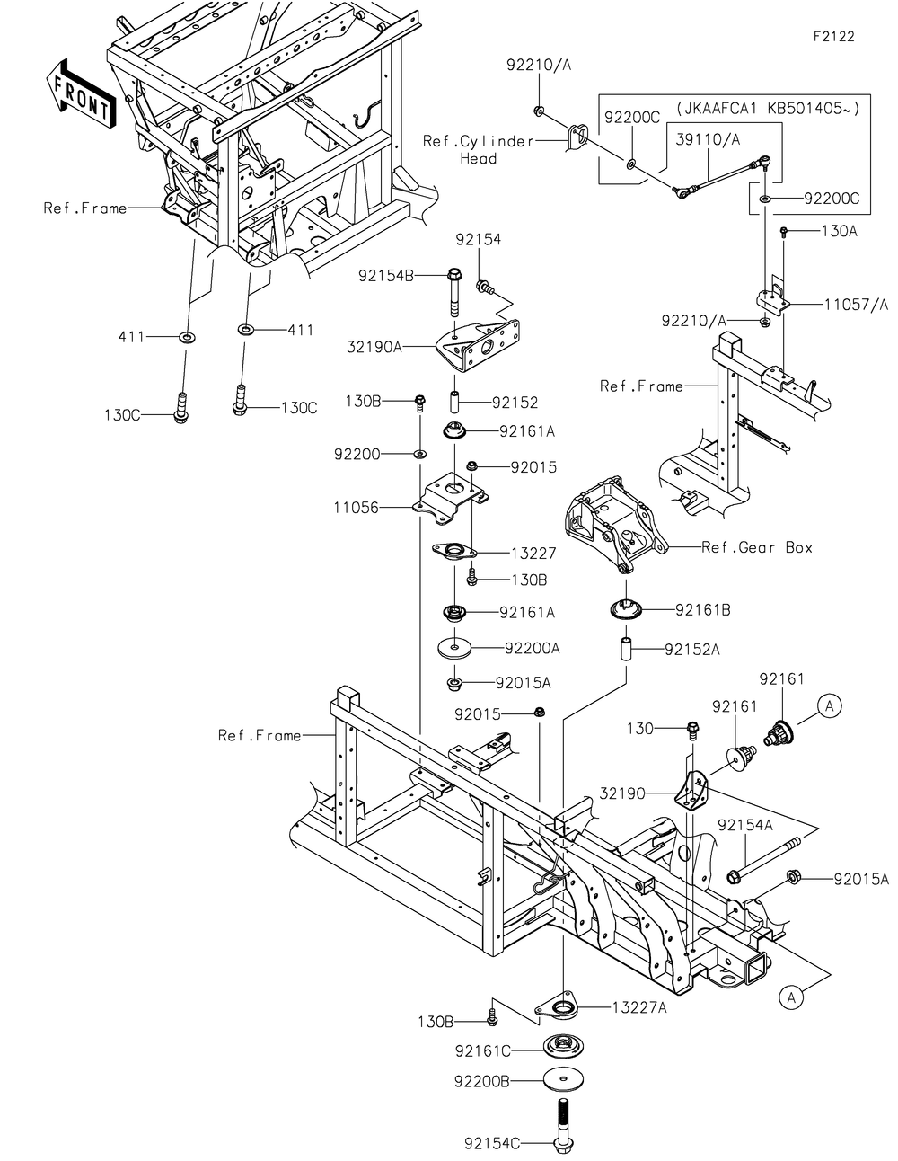 Engine Mount Diagram and Parts List for KAF1000AHF 2017 Kawasaki Lawn Tractor Accessories