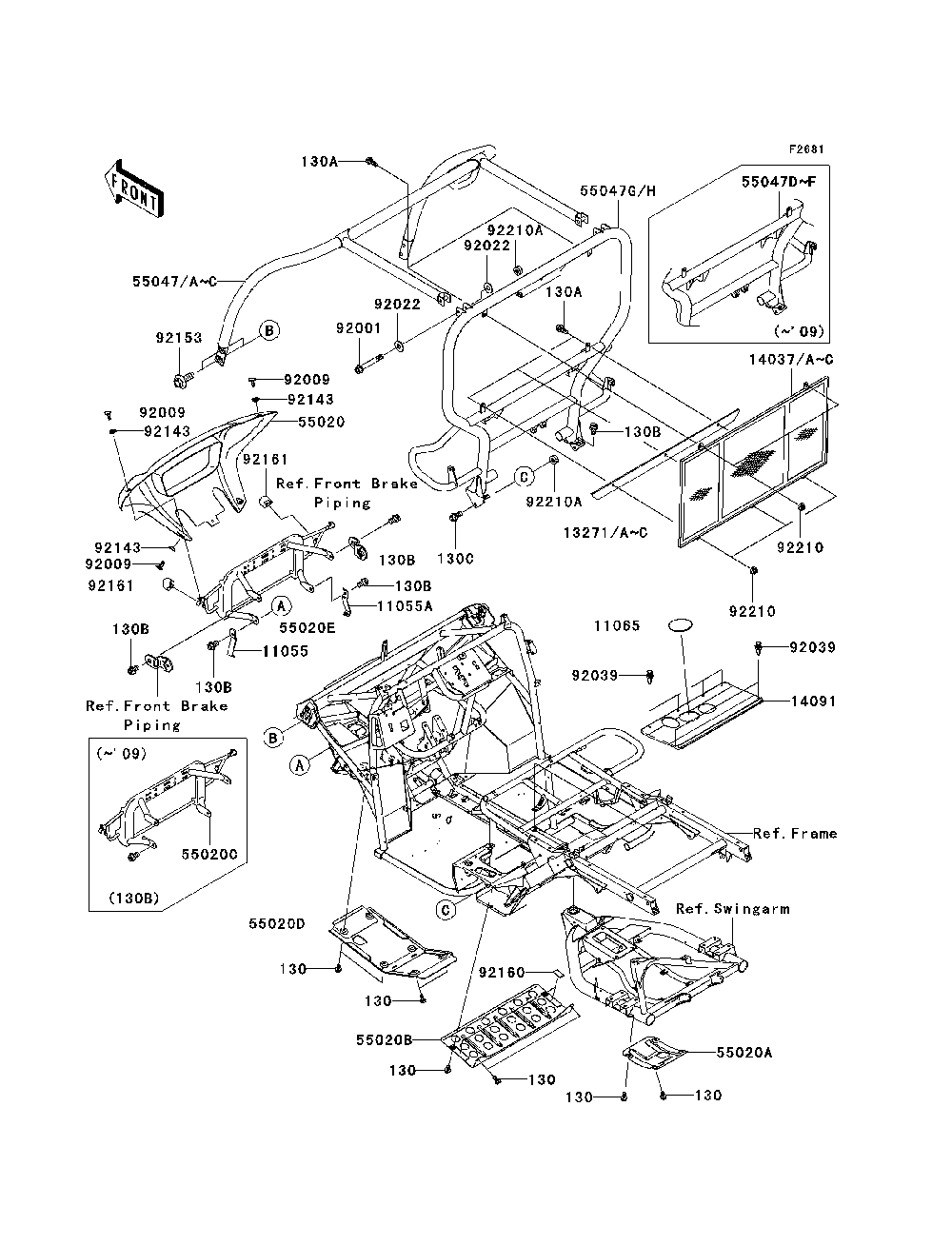 Guards/Cab Frame Diagram and Parts List for KAF400A7F 2007 & Prior Kawasaki Lawn Tractor Accessories