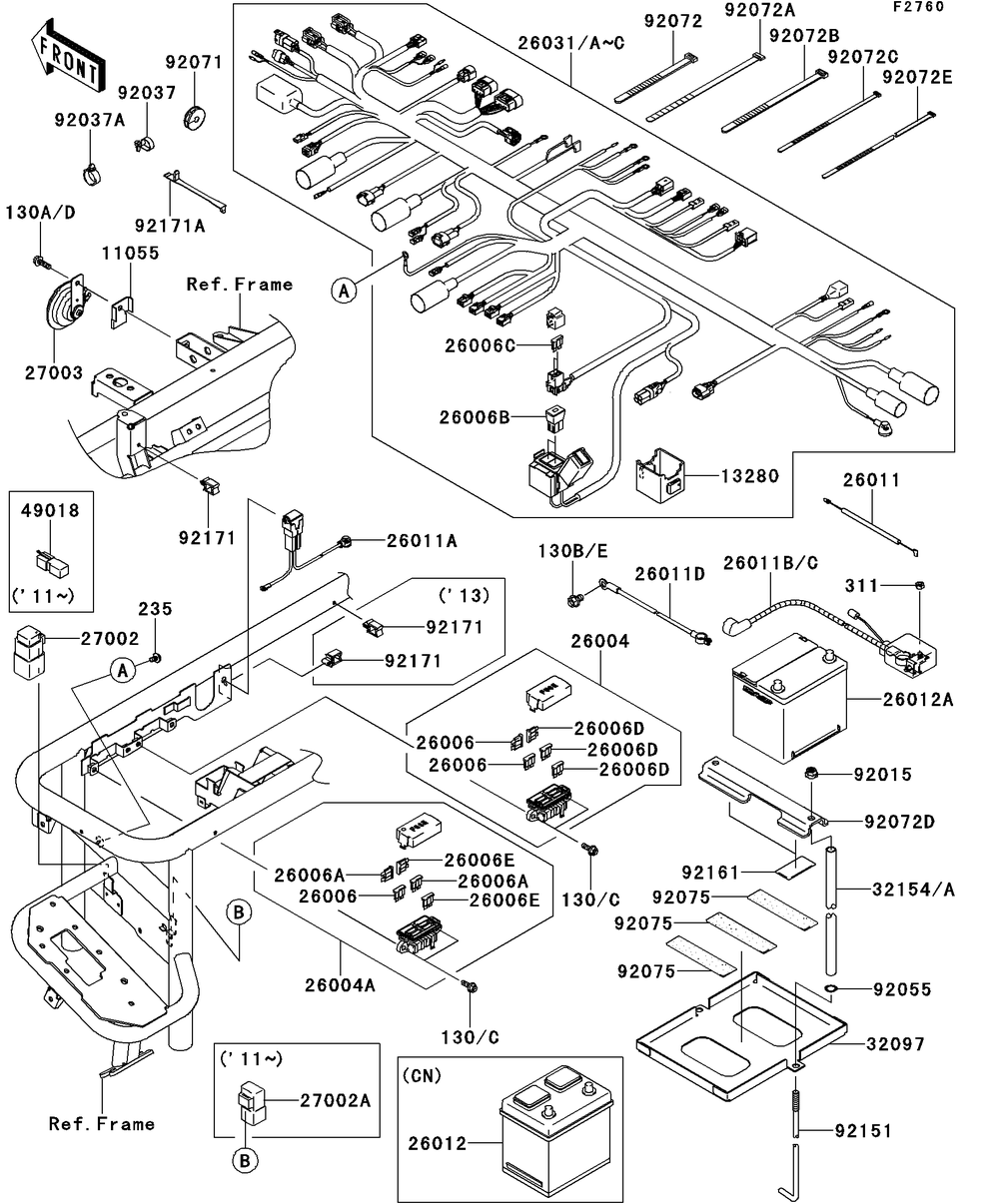 Chassis Electrical Equipment Diagram and Parts List for KAF950GDF 2013 Kawasaki Lawn Tractor Accessories