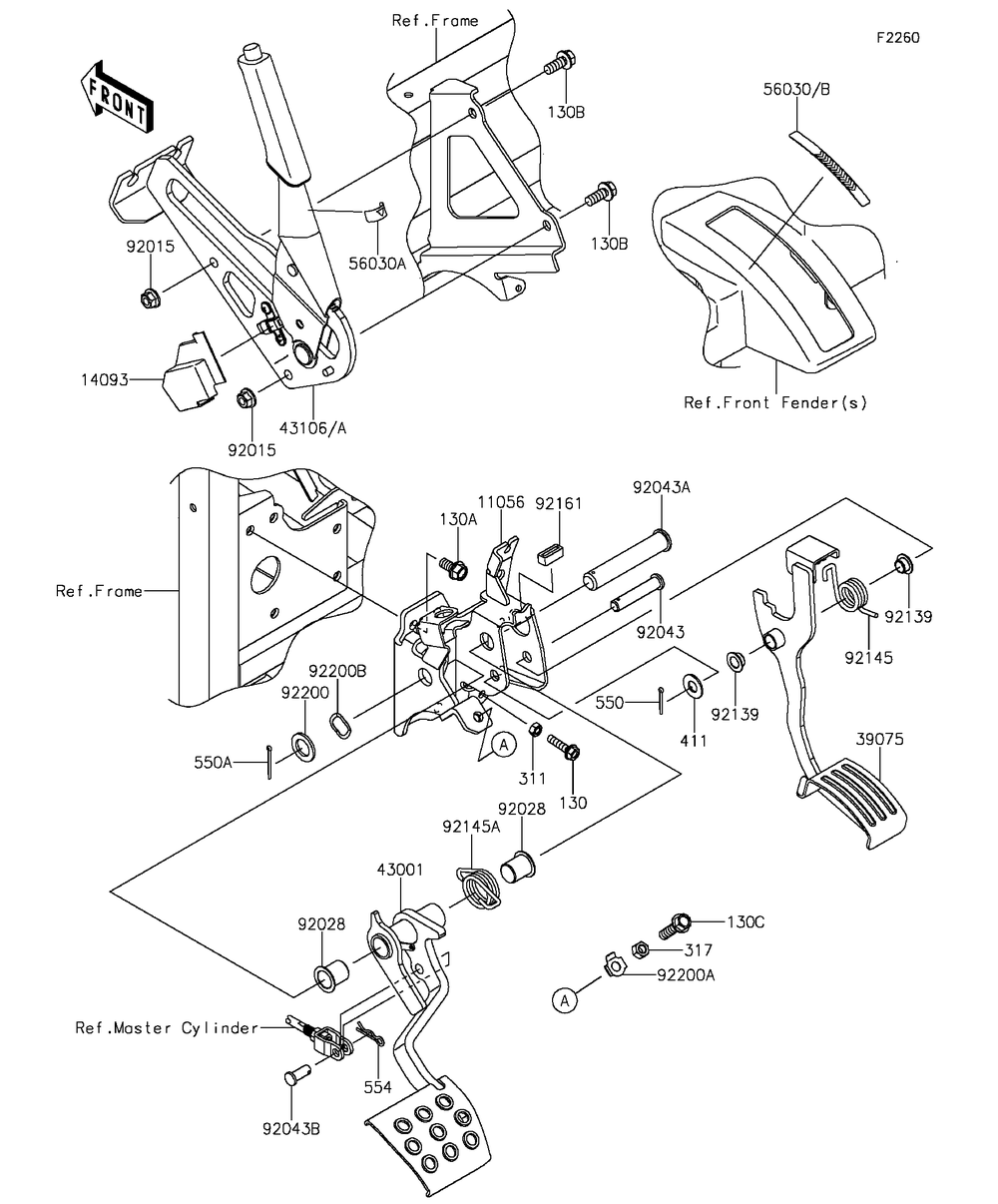 Brake Pedal/Throttle Lever Diagram and Parts List for KAF820BGF 2016 Kawasaki Lawn Tractor Accessories