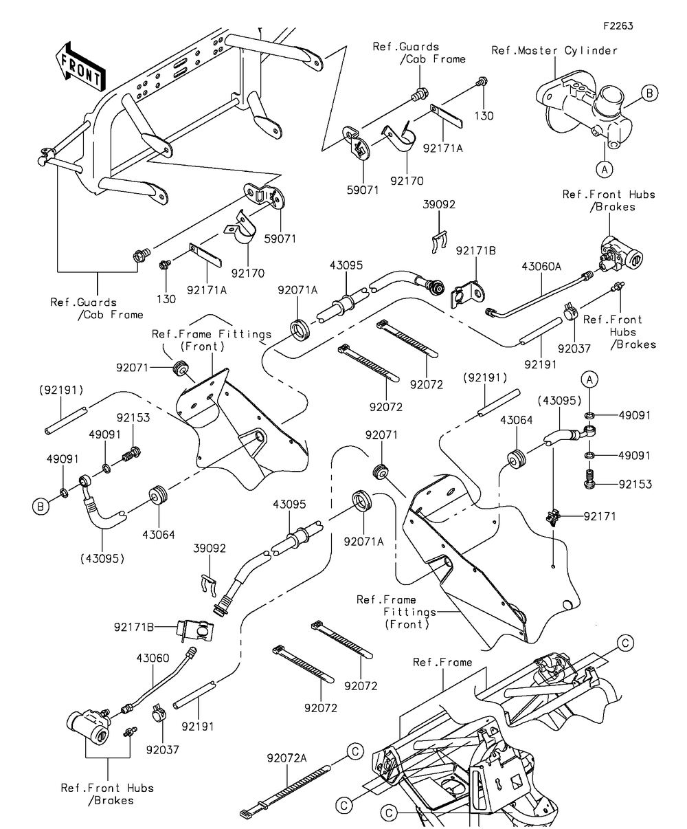 Front Brake Piping Diagram and Parts List for KAF400AGF 2016 Kawasaki Lawn Tractor Accessories