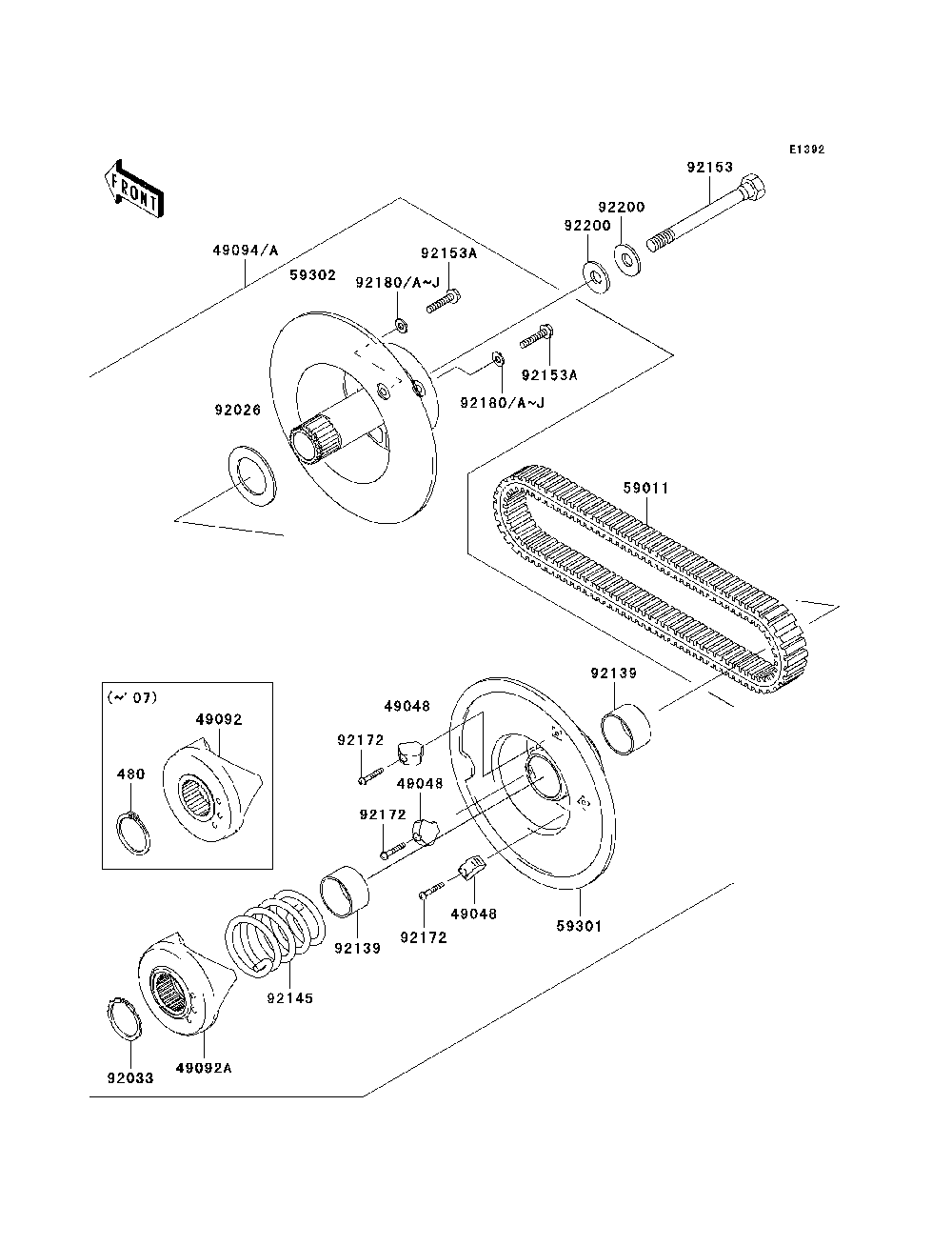 Driven Converter/Drive Belt Diagram and Parts List for KAF400A7F 2007 & Prior Kawasaki Lawn Tractor Accessories