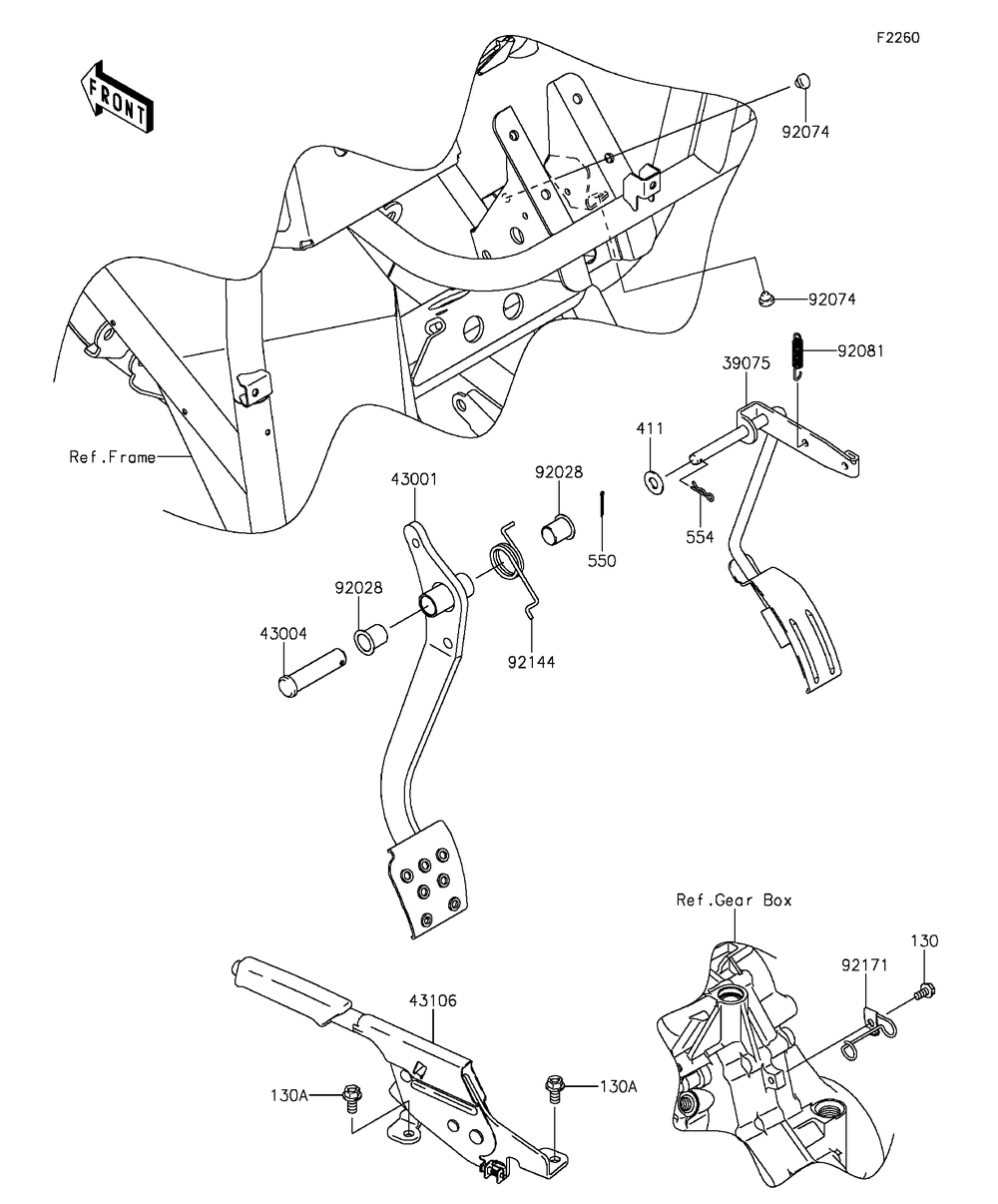 Brake Pedal/Throttle Lever Diagram and Parts List for KAF400FGF 2016 Kawasaki Lawn Tractor Accessories