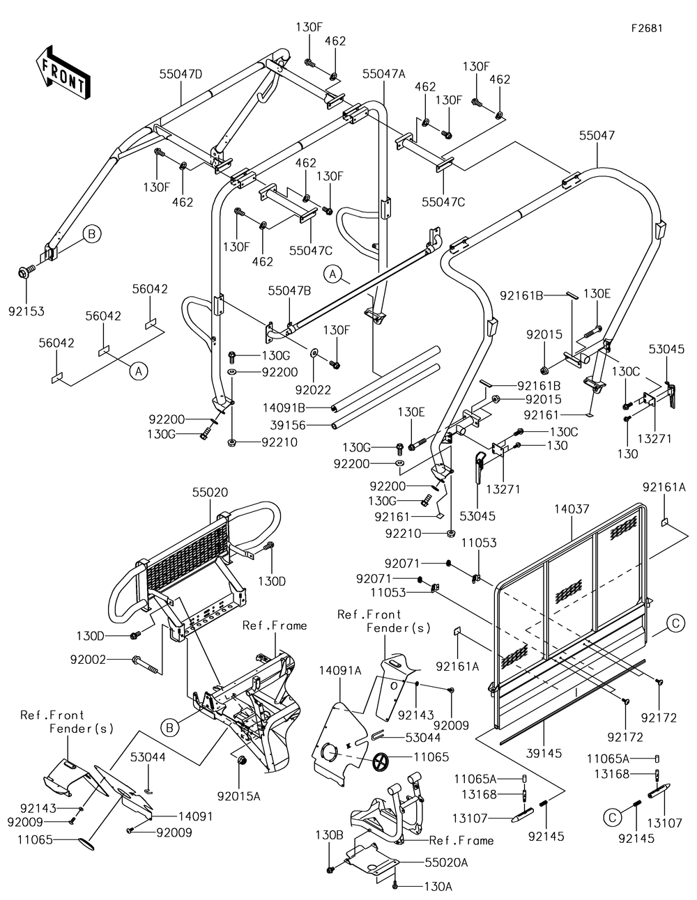 Guards/Cab Frame Diagram and Parts List for KAF620XJF 2018 Kawasaki Lawn Tractor Accessories