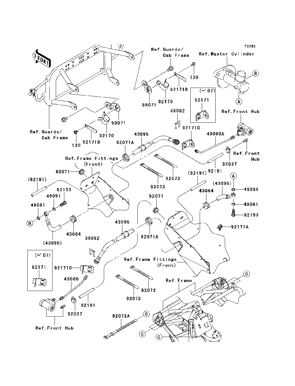 Front Brake Piping Diagram and Parts List for KAF400A7F 2007 & Prior Kawasaki Lawn Tractor Accessories