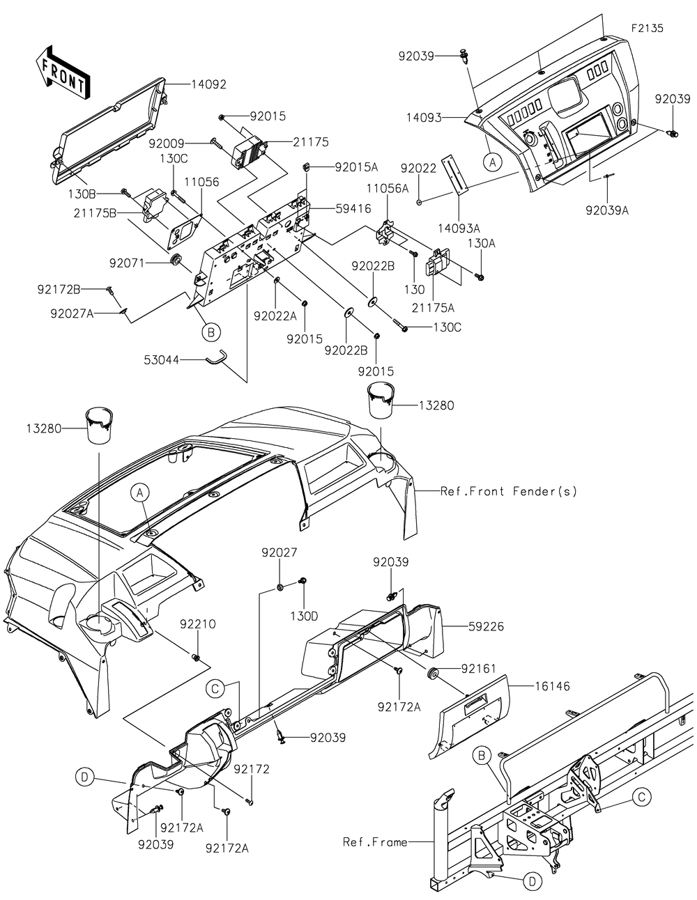 Front Box Diagram and Parts List for KAF1000FGF 2016 Kawasaki Lawn Tractor Accessories