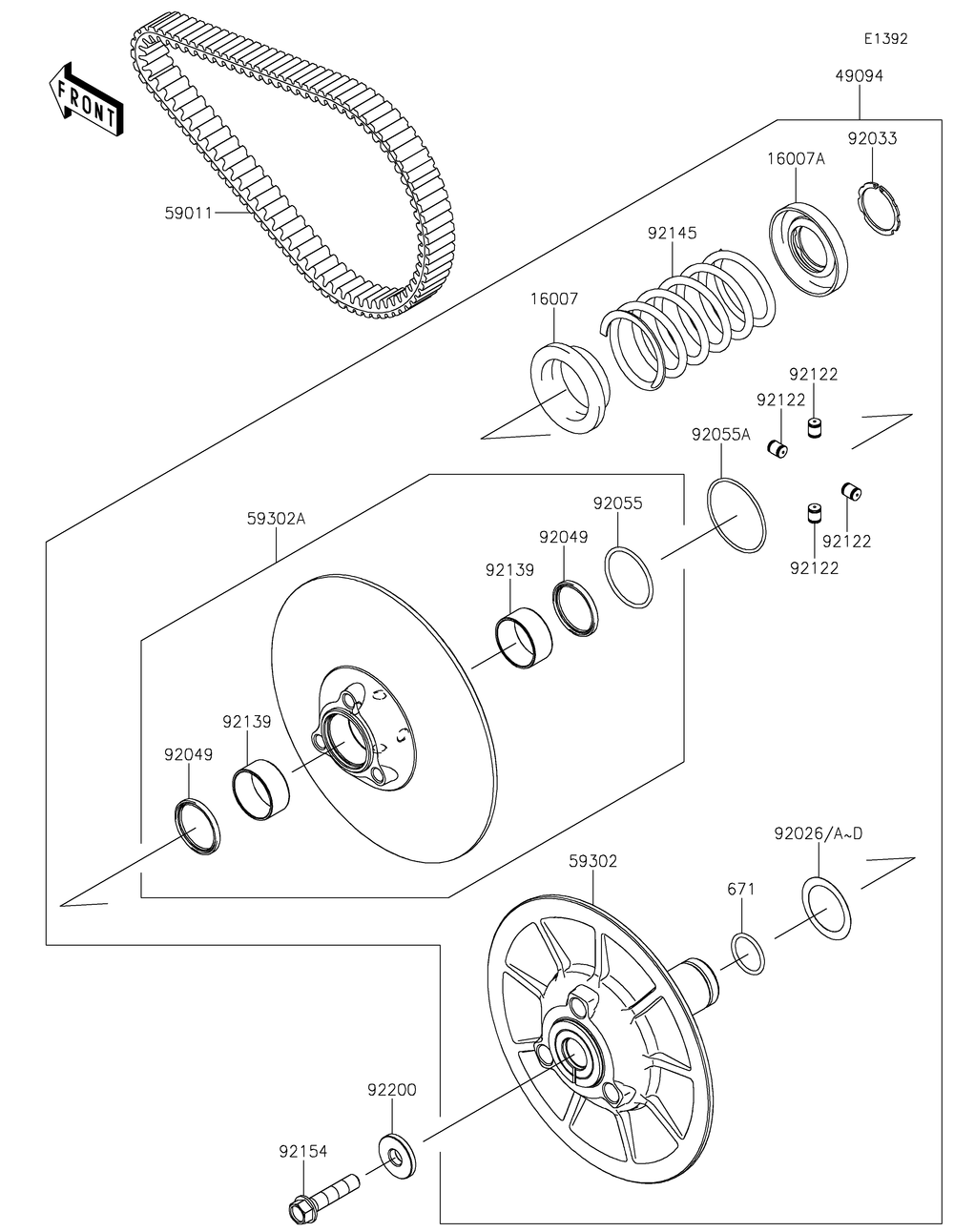 Driven Converter/Drive Belt Diagram and Parts List for KDF1000ANFNN 2022 Kawasaki Lawn Tractor Accessories