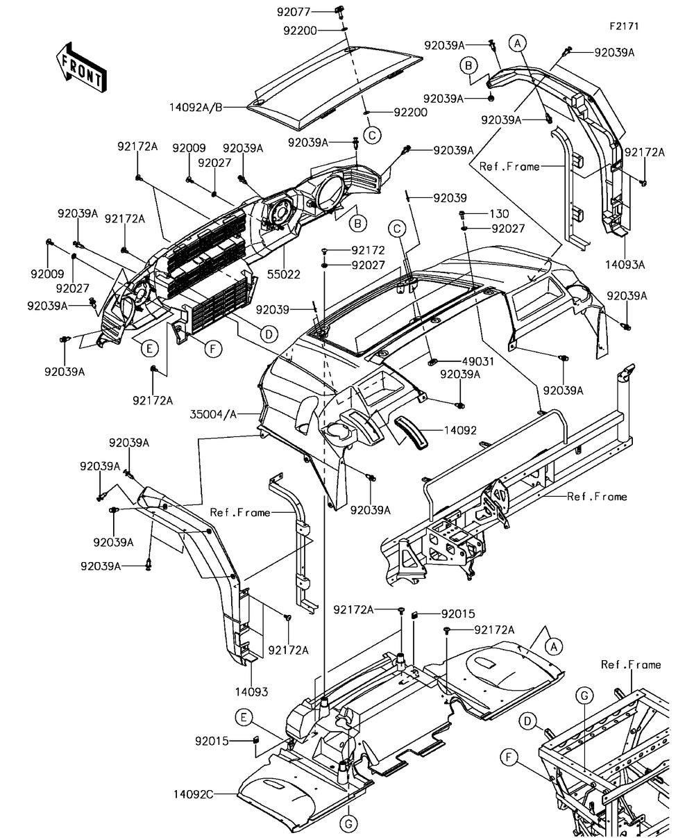 Front Fender Diagram and Parts List for KAF820FGF 2016 Kawasaki Lawn Tractor Accessories