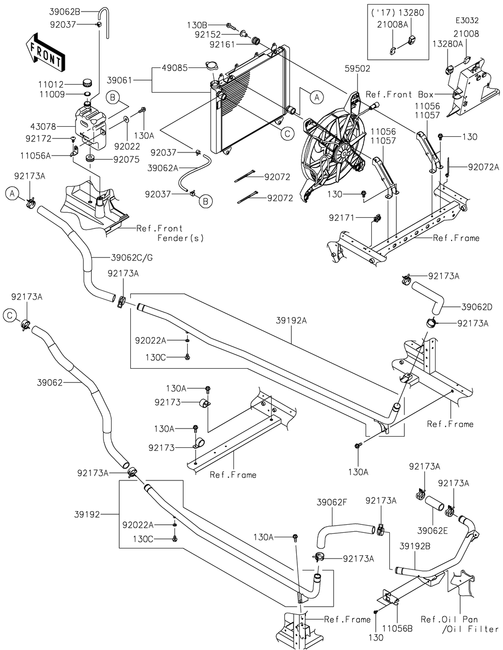 Radiator Diagram and Parts List for KAF1000AHF 2017 Kawasaki Lawn Tractor Accessories