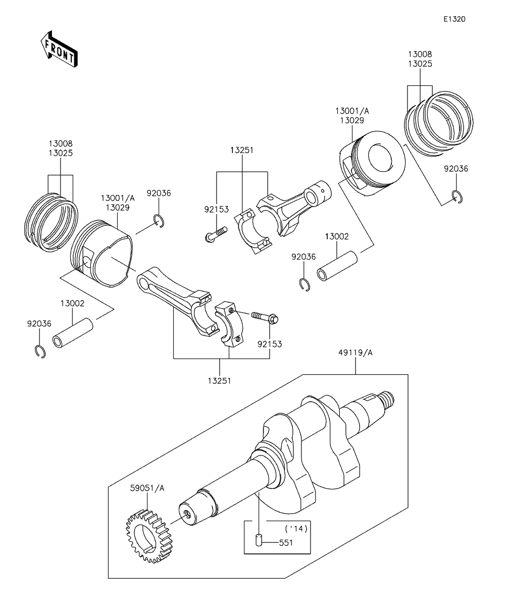 Crankshaft/Piston Diagram and Parts List for KAF620RFF 2015 Kawasaki Lawn Tractor Accessories