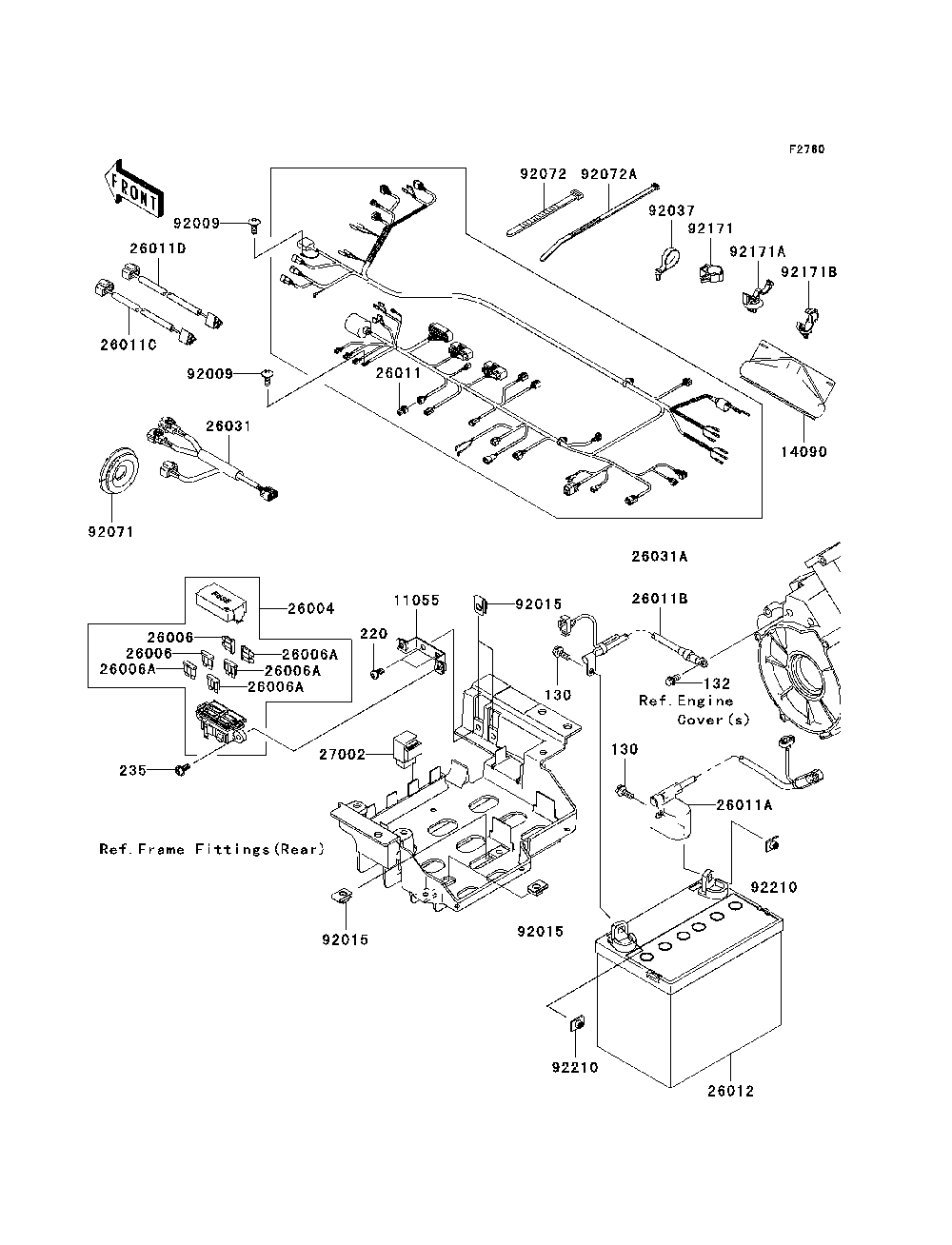 Chassis Electrical Equipment Diagram and Parts List for KRF750TAF 2010 Kawasaki Lawn Tractor Accessories