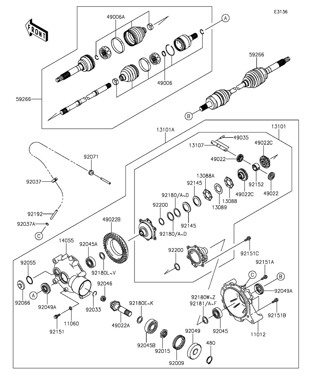 Drive Shaft-Front Diagram and Parts List for KAF400DFF 2015 Kawasaki Lawn Tractor Accessories