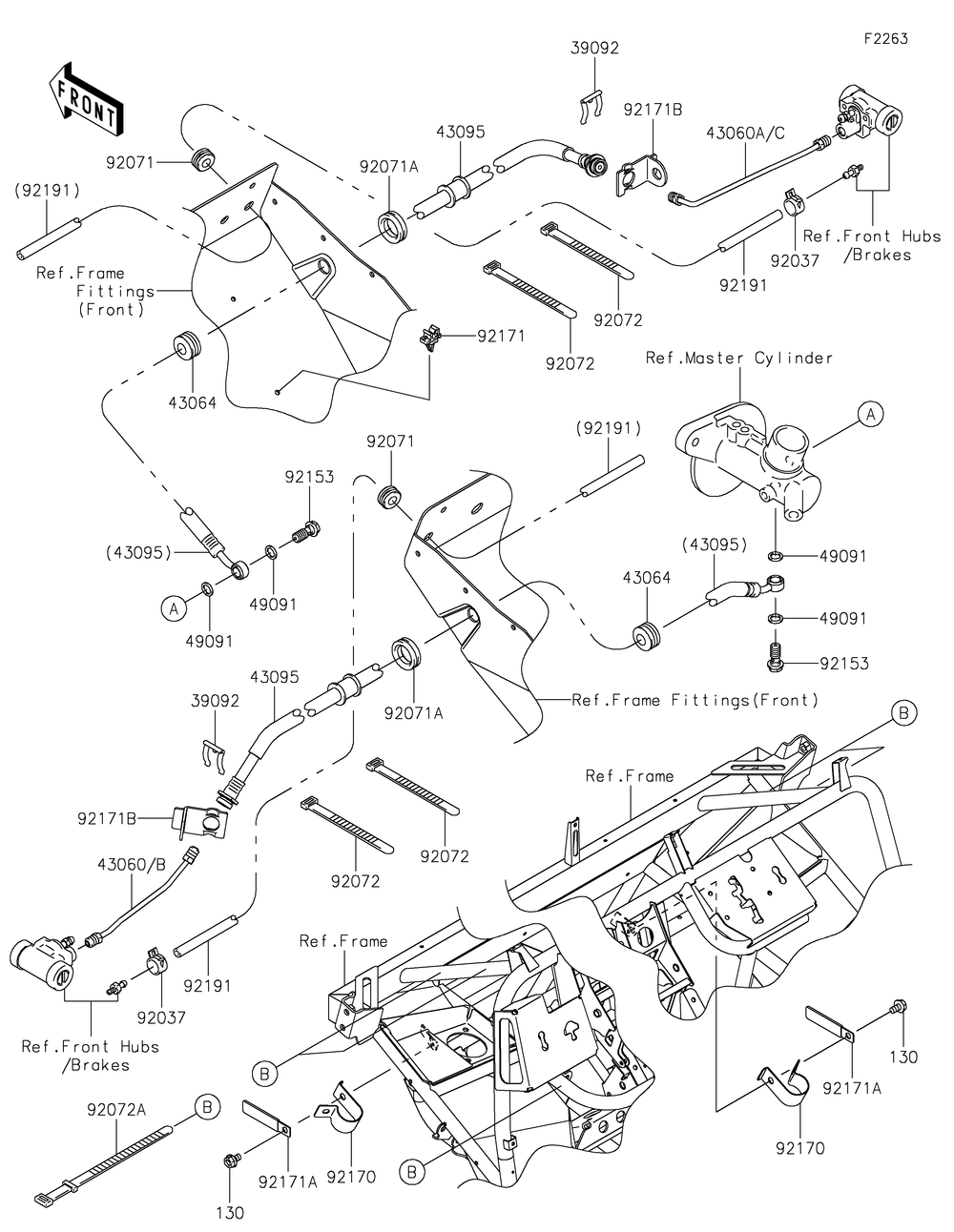 Front Brake Piping Diagram and Parts List for KAF400HHF 2017 Kawasaki Lawn Tractor Accessories