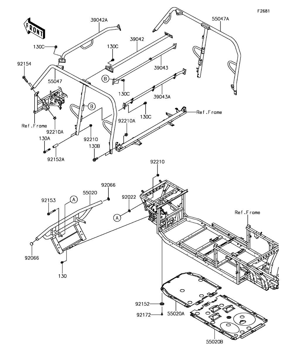 Guards/Cab Frame Diagram and Parts List for KAF820DGF 2016 Kawasaki Lawn Tractor Accessories