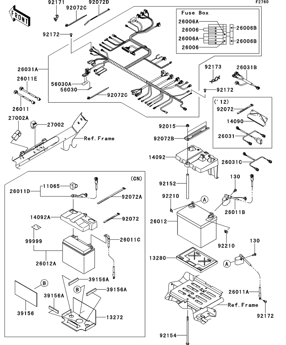 Chassis Electrical Equipment Diagram and Parts List for KRT750ACF 2012 Kawasaki Lawn Tractor Accessories