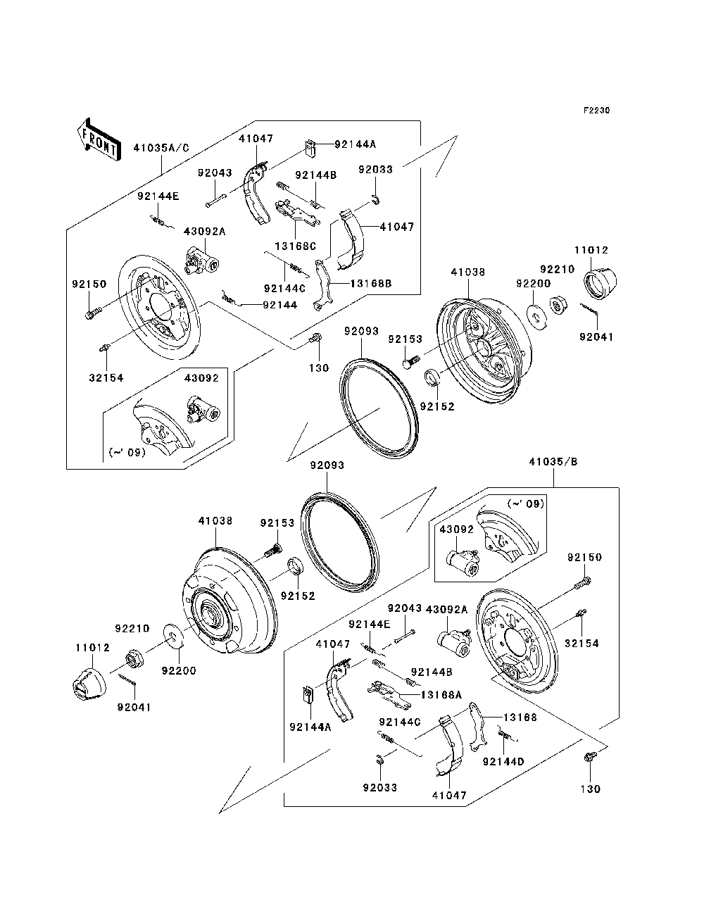 Front Hubs/Brakes Diagram and Parts List for KAF400C7F 2007 & Prior Kawasaki Lawn Tractor Accessories