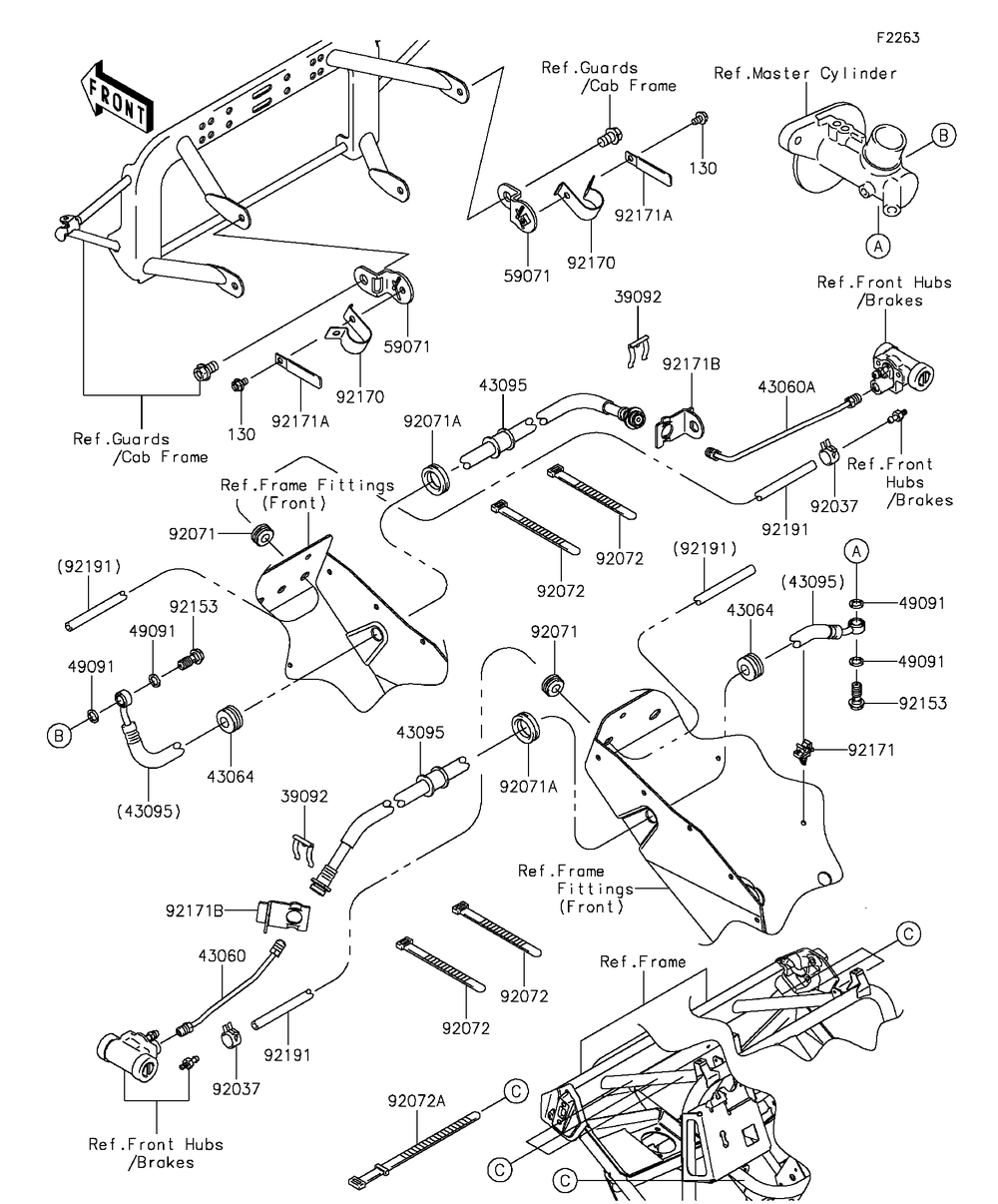 Front Brake Piping Diagram and Parts List for KAF400GGF 2016 Kawasaki Lawn Tractor Accessories