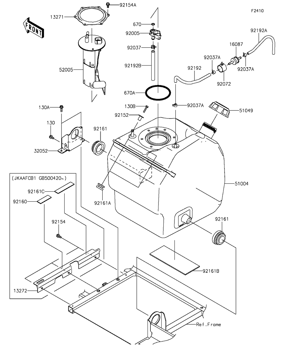 Fuel Tank Diagram and Parts List for KAF1000BGF 2016 Kawasaki Lawn Tractor Accessories