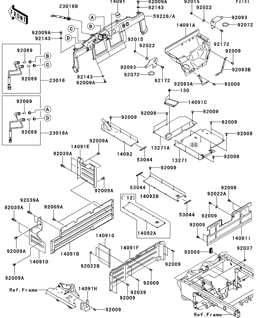 Frame Fittings Diagram and Parts List for KAF620RDFA 2013 Kawasaki Lawn Tractor Accessories